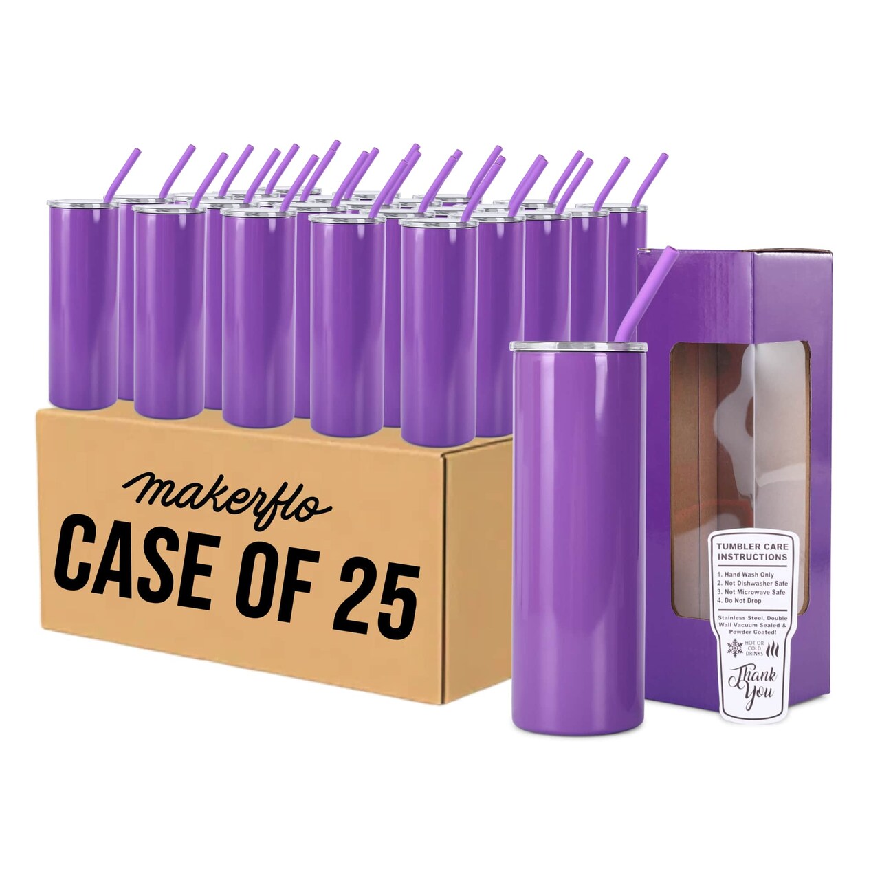 MakerFlo 20oz Skinny Powder-Coated Glossy Tumbler with Optional Handle – Case of 25 – Includes Leak-Proof Lids, Silicone Straws & Gift Boxes – Customizable for Laser Engraving, UV Printing, and Epoxy